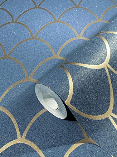marburg Tapete Blau, Gold Schuppen Vliestapete Grafisch SCHÖNER WOHNEN-Kollektion Serie Sparkle für Schlafzimmer, Wohnzimmer oder Küche 10,05x0,53m von marburg