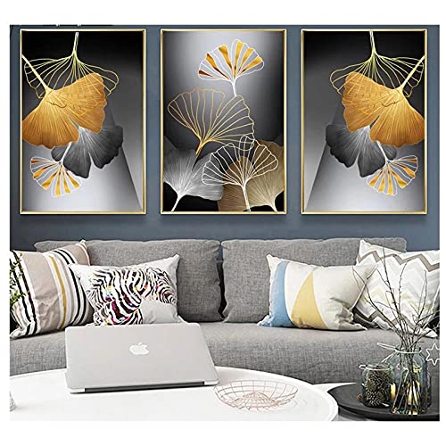 marca generica Moderne Schwarz-Weiß-Gold Pflanze Ginkgo Blatt Pflanze Poster Bild Wohnzimmer Dekoration Nordic Wand Kunstdruck Ungerahmt-30x40cmx3 von marca generica