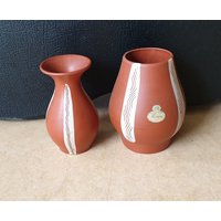 Sawa 772-12 Und 206-12, West-Germany-Keramik-Keramik-Vasen, Sechziger Jahre, Mid-Century, Klinker-stil, Handverzierte Abstrakte Linien von marcelrecords