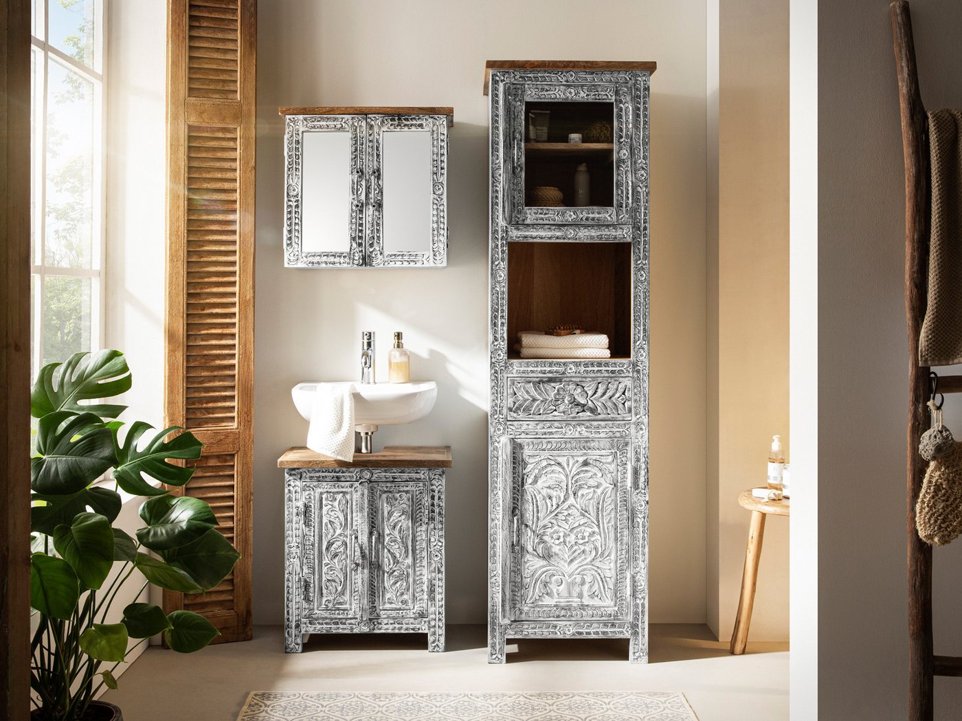 massivum Badezimmer-Set Santa Cruz Massivholz Landhaus weiß-grau von massivum