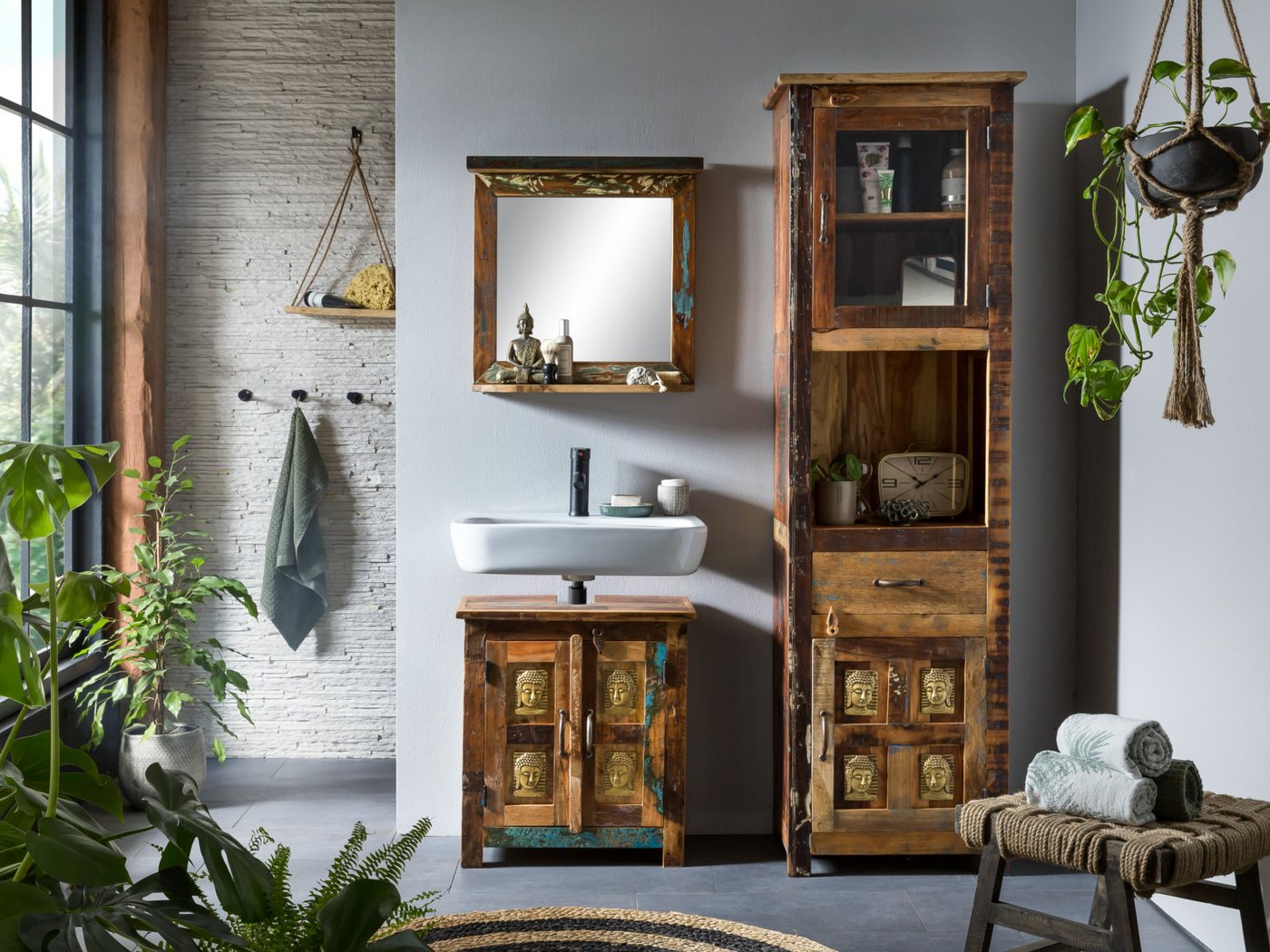 massivum Badmöbel-Set Sumana massiv rustikal Boho Badezimmer Möbel von massivum