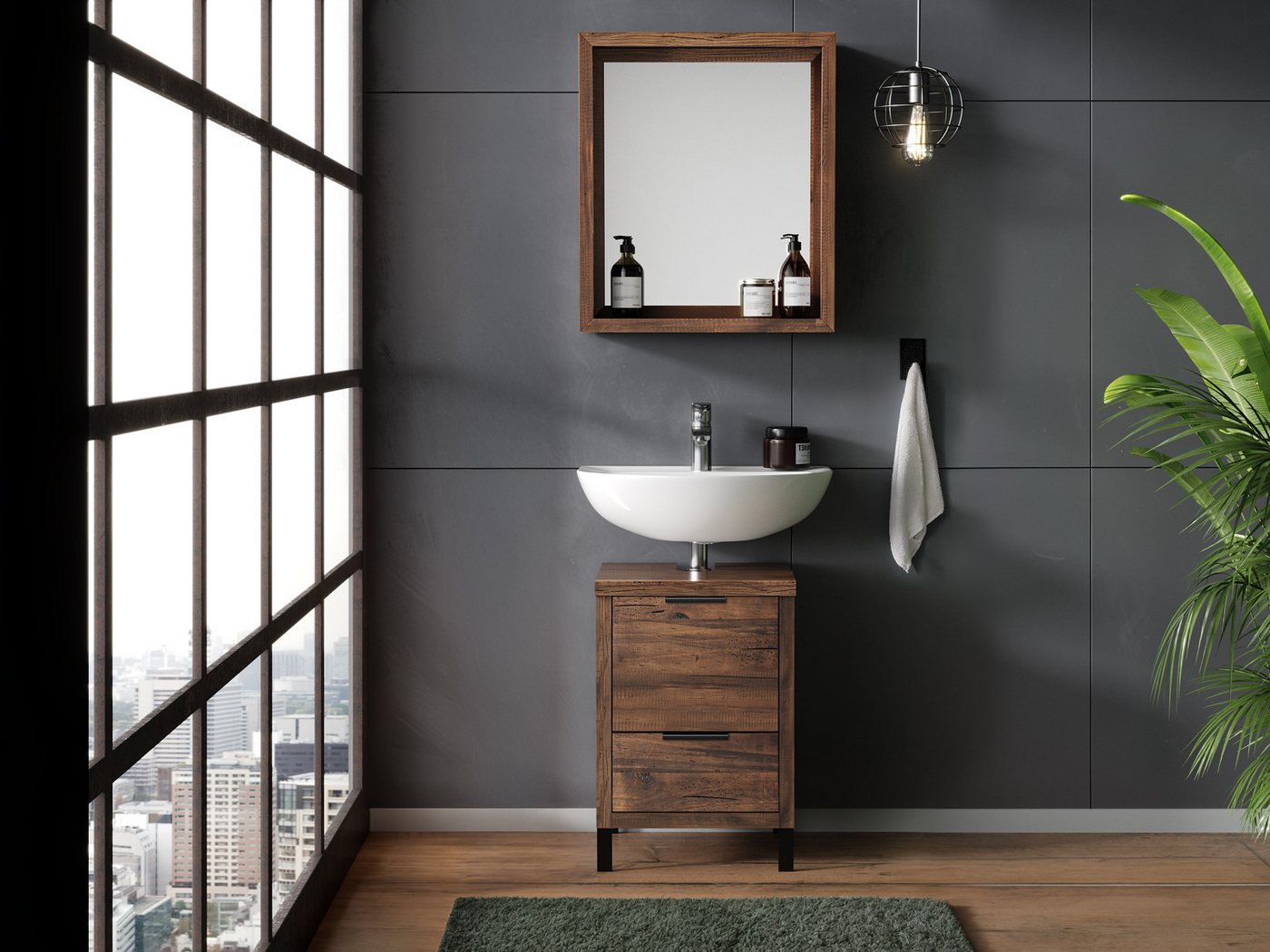 massivum Waschbeckenunterschrank Badset 2tlg. Sydney Pinie dunkel von massivum