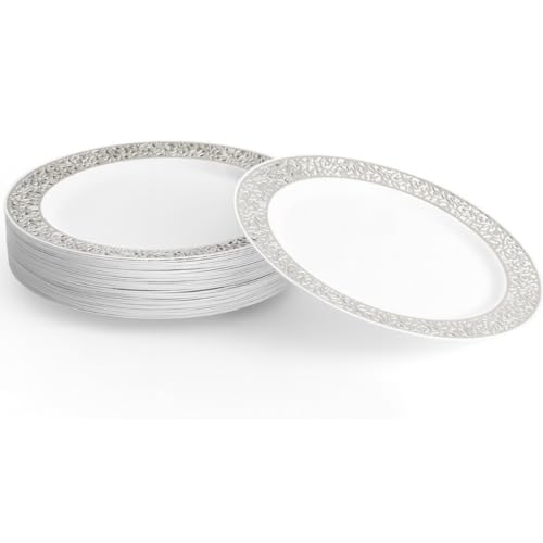 MATANA 20 Weiße Plastikteller mit Silberrand, 26cm - Kunststoffteller, Partyteller für Hochzeiten, Geburtstage, Weihnachten & Partys - Mehrweg & Stabiles Partygeschirr von MATANA