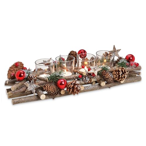 Adventsgesteck 40 cm als Holz-Deko Teelicht-Halter mit Kerzengläser und Silber roter Weihnachtsdeko von matches21 HOME & HOBBY