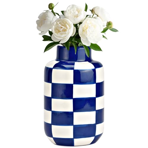 matches21 HOME & HOBBY Blumenvasen Set kariert, blau weiß in Ø 10 x 15 cm - Moderne Keramik Vase als Wohnzimmerdeko von matches21 HOME & HOBBY