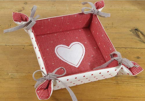 Brotkorb Stoff ROSI 20x20 cm - Eckiger Brötchenkorb in Rot Weiß mit Herz & Punkten - Nachhaltig aus 100% Baumwolle, waschbar bei 30°, Landhausstil für Brot, Brötchen, Gebäck oder Tischdekoration von matches21 HOME & HOBBY