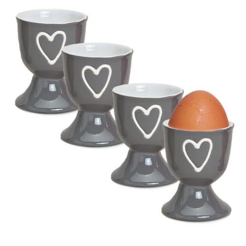 Bunte Landhaus-Stil Eierbecher 4er Set grau - Runde Keramik Frühstücks-Eier Herzen Untersetzer von matches21 HOME & HOBBY