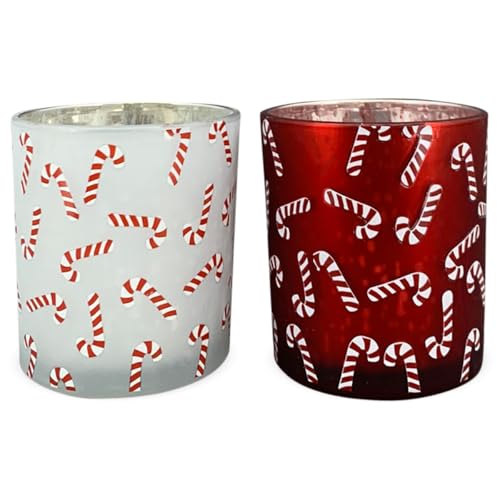 Festliche Teelichthalter im 2er Set moderne Teelichtgläser - Weihnachtliche Windlichter aus Glas in Rot und Weiß mit verspieltem Zuckerstangen-Dekor - Stimmungsvolle Tischdeko Weihnachten Ø 7,3 x 8 cm von matches21 HOME & HOBBY