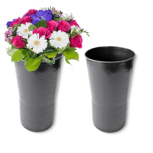 Grabvasen zum Hinstellen als frostsichere Grabdeko - 2er Runde Friedhofs-Vasen in Grau als wetterfester Kunststoff Grabschmuck - 20 x 14 cm Blumenvase zum Stellen für Urnengrab Grabstein von matches21 HOME & HOBBY