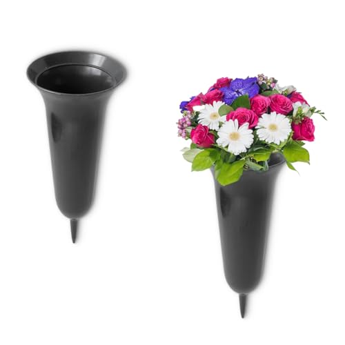 Grabvasen zum Stecken als frostsichere Grabdeko - Graue Blumen-Relief Friedhofs-Vasen 2er in 31 cm als wetterfester Kunststoff Grabschmuck - Erdspieß Blumenvasen als schöne Steckvasen von matches21 HOME & HOBBY