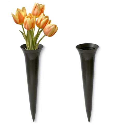 Grabvasen zum Stecken als frostsichere Grabdeko - Schmale Friedhofs-Vasen 2er in Grau als wetterfester Kunststoff Grabschmuck - Erdspieß Blumenvasen in 34 cm als schöne kleine Steckvasen von matches21 HOME & HOBBY