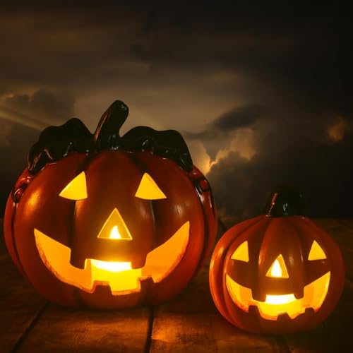 Halloween-Deko Kürbis-Laterne mit LED Windlicht 18 & 10 cm - Gruseliger Jack-O-Lantern Teelichthalter für Herbstdeko drinnen und draußen im Garten - Kürbis-Deko als Tischdeko für Teelichter von matches21 HOME & HOBBY