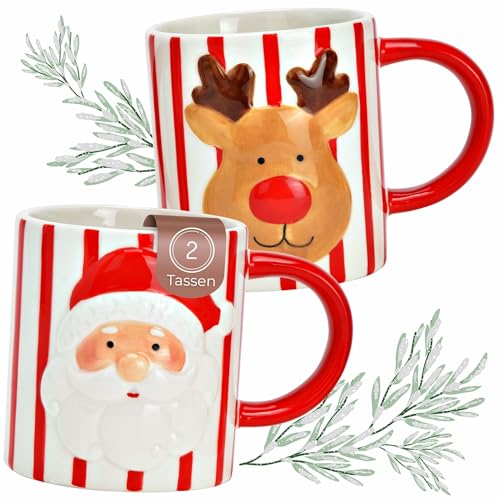 Kaffeetassen 2er Set mit Nikolaus, Elch & Streifen - Weihnachts-Tassen Keramik in Weiß-Rot 350 ml Kaffeetassen 2er Set mit Nikolaus, Elch & Streifen - Weihnachts-Tassen Keramik in Weiß-Rot 350 ml von matches21 HOME & HOBBY