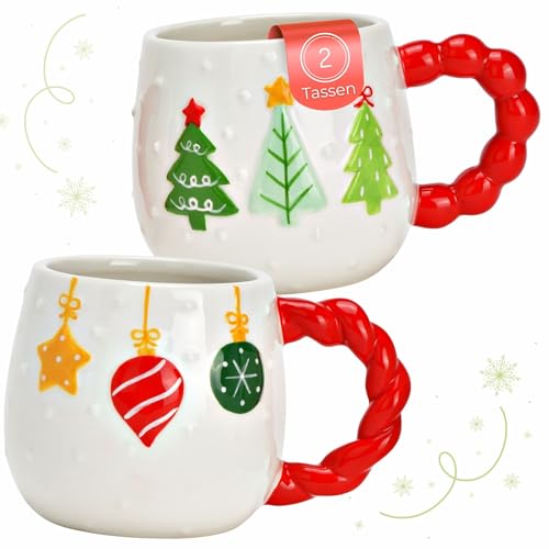 Kaffeetassen 2er Set weiß mit rotem Henkel & Winterdekor - Jumbo Weihnachts-Tassen Keramik 415 ml Kaffeetassen 2er Set weiß mit rotem Henkel & Winterdekor - Jumbo Weihnachts-Tassen Keramik 415 ml von matches21 HOME & HOBBY
