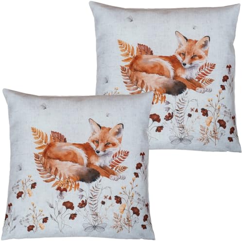 Kissen-Bezüge 2er Set für Deko-Kissen Sofa-Kissen 40 x 40 cm - Polyester Kissen-Hüllen COCO bedruckt mit Fuchs & Blättern - Herbstliche Zierkissen für Couch & Wohnzimmer, Kissenhüllen Herbstdeko von matches21 HOME & HOBBY