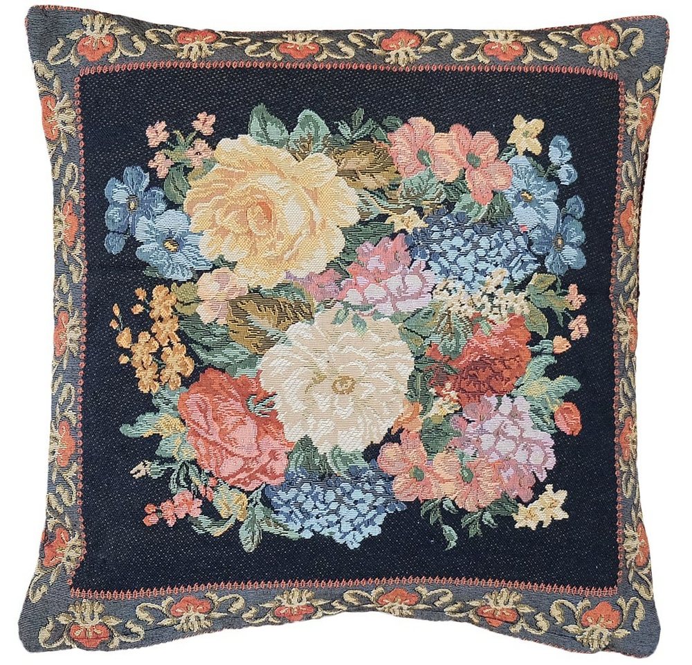 Kissenbezüge Kissen-Bezug Gobelin Blüten Bordüre gewebt schwarz 40x40 cm, matches21 HOME & HOBBY (1 Stück), Wohnzimmer Kissen-Hülle als Deko-Kissen Zier-Kissen Sofa-Kissen von matches21 HOME & HOBBY