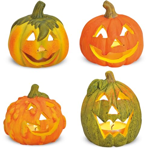 Kleine Kürbis-Deko Laternen im 4er Set als Halloween-Deko LED Windlichter je 8 cm - Mini Deko-Kürbisse als Outdoor Teelichthalter oder innen Tischdeko - Jack Lantern wetterfeste Garten Herbstdeko von matches21 HOME & HOBBY