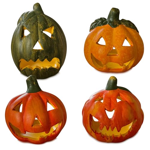 Kleine Kürbis-Laternen im 4er Set als Halloween-Deko LED Windlichter in 8 cm - Gruselige Jack-O-Lantern Teelichter Deko-Kürbisse - Herbst-Deko Teelichthalter innen und draußen für den Garten von matches21 HOME & HOBBY