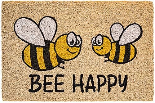 Kokosmatte als innen und aussen-bereich Fußmatte in 40x60 cm - Kokosfaser Türmatte Bienen Bee Happy Spruch als lustige Sauberlaufmatte - Outdoor Fußabstreifer für Haustür, Flur, Garten von matches21 HOME & HOBBY