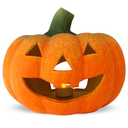 Kürbis-Deko als große Keramik Halloween-Deko LED Set in 22 cm - Jack Lantern Halloween-Kürbis als beleuchtete Outdoor Grusel-Deko - Kürbis Laterne als innen Herbst-Deko oder Garten-Deko Windlicht von matches21 HOME & HOBBY