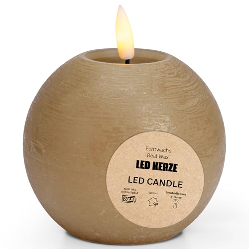 LED Kerze Kugel aus Echtwachs mit Timerfunktion & Fernbedienung - Kerze realistisch flackernde Flamme warmweiß Ø 10 x 9 cm - Elektrische Wachskerze in beige als gemütliche Tischdeko LED Kerze Kugel aus Echtwachs mit Timerfunktion & Fernbedienung - Kerze realistisch flackernde Flamme warmweiß Ø 10 x 9 cm - Elektrische Wachskerze in beige als gemütliche Tischdeko von matches21 HOME & HOBBY