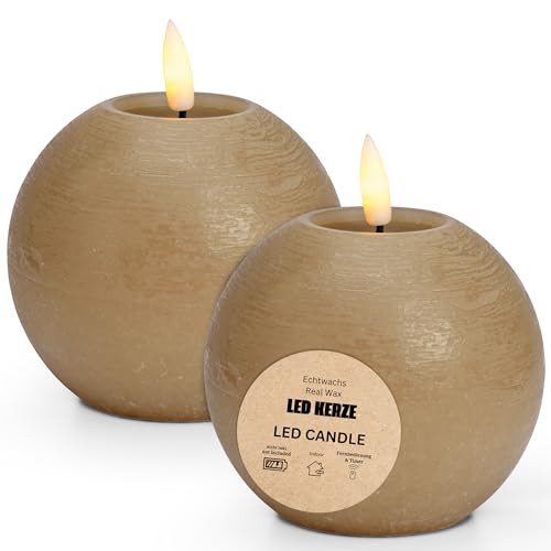 LED Kerzen Kugeln 2er Set aus Echtwachs mit Timerfunktion inkl. Fernbedienung - Kerzen realistisch flackernde Flamme warmweiß Ø 10 x 9 cm - Elektrische Wachskerzen in beige als gemütliche Tischdeko LED Kerzen Kugeln 2er Set aus Echtwachs mit Timerfunktion inkl. Fernbedienung - Kerzen realistisch flackernde Flamme warmweiß Ø 10 x 9 cm - Elektrische Wachskerzen in beige als gemütliche Tischdeko von matches21 HOME & HOBBY
