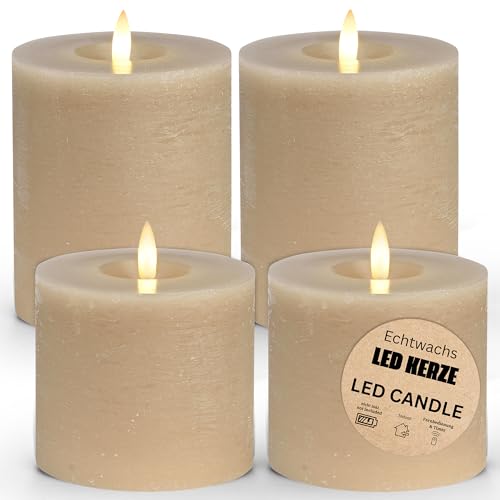 LED Stumpenkerzen 4er Set aus Echtwachs mit Timerfunktion inkl. Fernbedienung - Kerzen realistisch flackernde Flamme warmweiß Ø 10 cm - Elektrische Wachskerzen in beige als gemütliche Tischdeko LED Stumpenkerzen 4er Set aus Echtwachs mit Timerfunktion inkl. Fernbedienung - Kerzen realistisch flackernde Flamme warmweiß Ø 10 cm - Elektrische Wachskerzen in beige als gemütliche Tischdeko von matches21 HOME & HOBBY