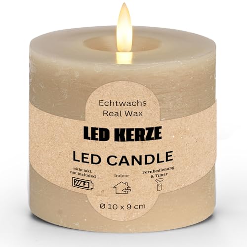 LED Stumpenkerze aus Echtwachs mit Timerfunktion & Fernbedienung - Kerze realistisch flackernde Flamme warmweiß Ø 10 x 9 cm - Elektrische Wachskerze in beige als gemütliche Tischdeko LED Stumpenkerze aus Echtwachs mit Timerfunktion & Fernbedienung - Kerze realistisch flackernde Flamme warmweiß Ø 10 x 9 cm - Elektrische Wachskerze in beige als gemütliche Tischdeko von matches21 HOME & HOBBY
