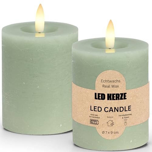 LED Stumpenkerzen 2er Set aus Echtwachs mit Timerfunktion inkl. Fernbedienung - Kerzen realistisch flackernde Flamme warmweiß Ø 7 x 9 cm - Elektrische Wachskerzen Salbeigrün als gemütliche Tischdeko von matches21 HOME & HOBBY