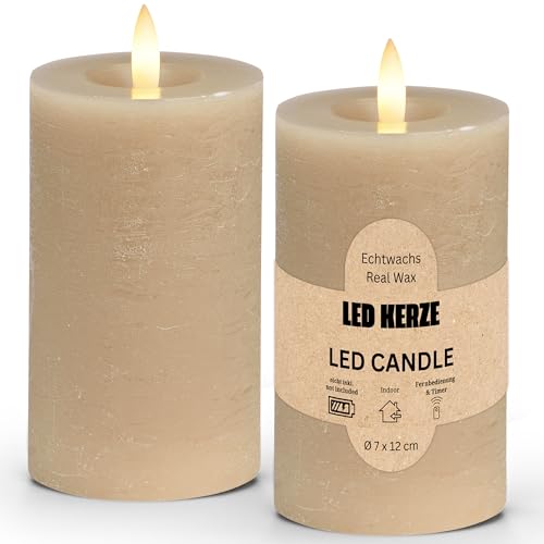 LED Stumpenkerzen 2er Set aus Echtwachs mit Timerfunktion inkl. Fernbedienung - Kerzen realistisch flackernde Flamme warmweiß Ø 7 x 12 cm - Elektrische Wachskerzen in beige als gemütliche Tischdeko von matches21 HOME & HOBBY