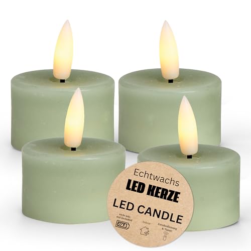 LED Teelichter 4er Set aus Wachs mit Timerfunktion & Fernbedienung - Kerze realistisch flackernde Flamme warmweiß Ø 4 x 4 cm - Elektrische Wachskerze in Salbeigrün als gemütliche Tischdeko LED Teelichter 4er Set aus Wachs mit Timerfunktion & Fernbedienung - Kerze realistisch flackernde Flamme warmweiß Ø 4 x 4 cm - Elektrische Wachskerze in Salbeigrün als gemütliche Tischdeko von matches21 HOME & HOBBY