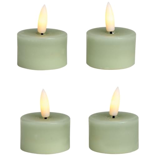 matches21 HOME & HOBBY LED Teelichter 4er Set aus Wachs mit Timerfunktion - Kerze realistisch flackernde Flamme warmweiß Ø 4 x 4 cm - Elektrische Wachskerze in Salbeigrün als gemütliche Tischdeko von matches21 HOME & HOBBY