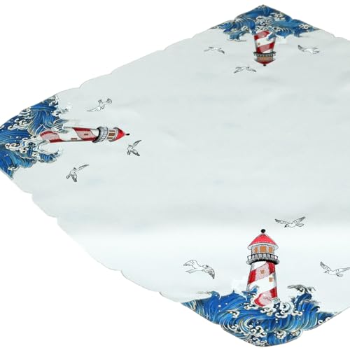 Maritime Tischdecke Leuchtturm Ornamente weiß bunt Polyester als Tischdeko - Tischtuch bestickt YVONNE 85 x 85 cm quadratisch - Waschbare Kunststoff Mitteldecke Esstisch Deko Party, Geburtstag von matches21 HOME & HOBBY