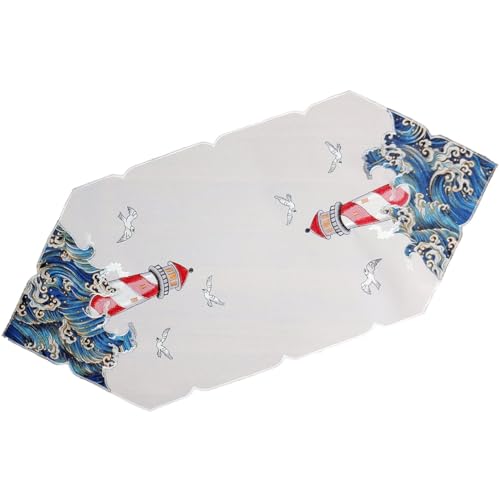 Maritimer Tischläufer Leuchtturm bestickt weiß bunt Polyester als Tischdeko - Tischdecke Ornamente YVONNE 40 x 90 cm rechteckig - Waschbare Kunststoff Tisch Läufer Esstisch Deko Party Geburtstag von matches21 HOME & HOBBY