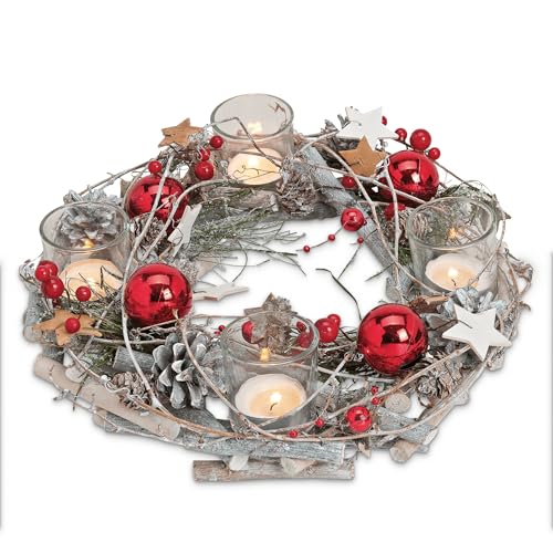 Moderner Holz Adventskranz Ø 30 cm - Teelicht-Halter mit Kerzen-Gläsern und roter Weihnachtsdeko von matches21 HOME & HOBBY