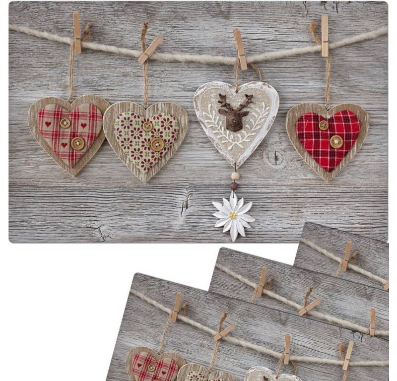 matches21 HOME & HOBBY Platzset Abwaschbare Tischsets 4er Set Landhaus-Stil Herzen & Holz, (4-St), Platzsets als Tisch-Untersetzer und Tisch-Deko für Esstisch Teller von matches21 HOME & HOBBY
