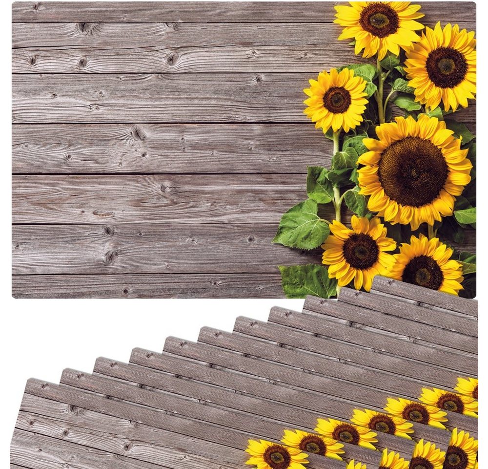 Platzset, Tischsets Sonnenblumen Holz Set bunt Tischunterlage Tischdeko, matches21 HOME & HOBBY, (12-St), modernes Esstisch Platzdeckchen als abwaschbarer Tischuntersetzer von matches21 HOME & HOBBY