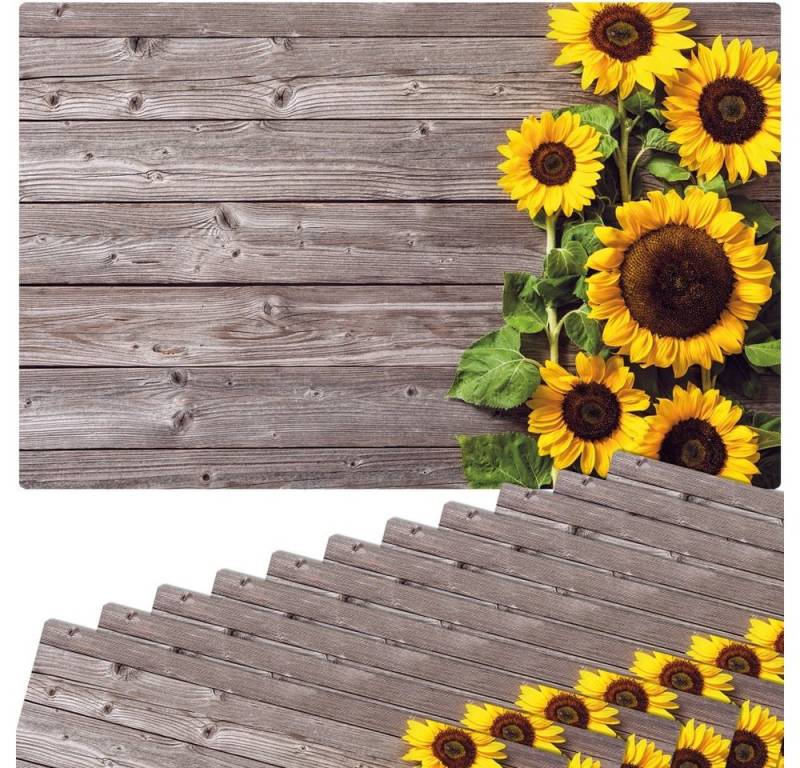 matches21 HOME & HOBBY Platzset Abwaschbare Tischsets 12er Set Sonnenblumen Holz-Optik, (12-St), Platzsets als Tisch-Untersetzer und Tisch-Deko für Esstisch Teller von matches21 HOME & HOBBY