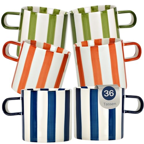 Porzellan Tassen 35er Set mit Streifen 240ml - Dopamin Deko Kaffeebecher für Tee & Cappuccino von matches21 HOME & HOBBY