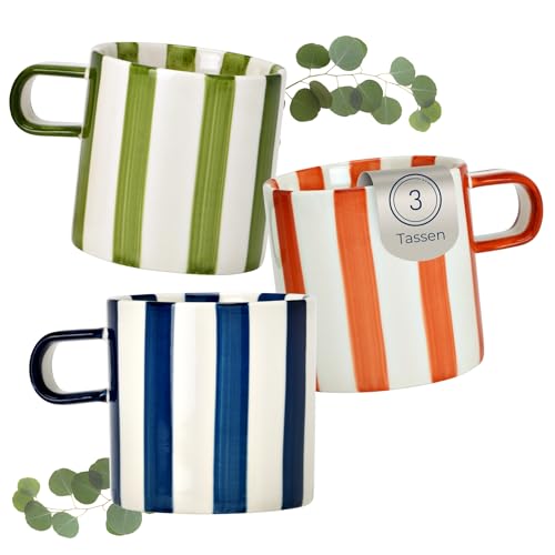 Porzellan Tassen 3er Set mit Streifen 240ml - Dopamin Deko Kaffeebecher für Tee & Cappuccino von matches21 HOME & HOBBY