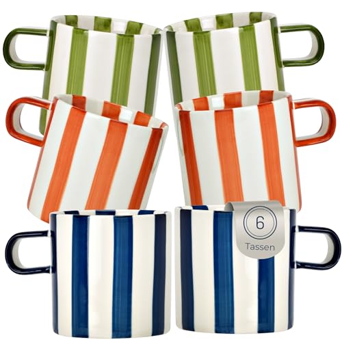 Porzellan Tassen 6er Set mit Streifen 240ml - Dopamin Deko Kaffeebecher für Tee & Cappuccino Porzellan Tassen 6er Set mit Streifen 240ml - Dopamin Deko Kaffeebecher für Tee & Cappuccino von matches21 HOME & HOBBY