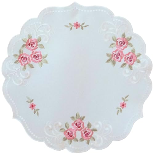 matches21 HOME & HOBBY Tischdecke Margit Ø 40 cm Rosen Stickerei Elegantes rundes Deckchen weiß hochwertigem Polyester von matches21 HOME & HOBBY