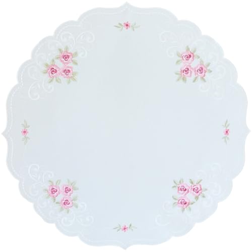 Romantische Tischdecke bestickt Rosen weiß Polyester als Tischdeko - Mitteldecke Blumen MARGIT Ø 60 cm Frühling rund - Waschbare Kunststoff Tischtuch für Zuhause, Party, Geburtstag von matches21 HOME & HOBBY