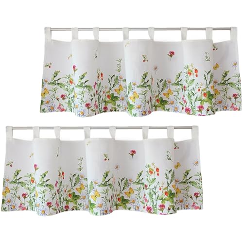 Scheiben-Gardinen 2er Set mit Schlaufen als blickdichter Vorhang in 120 x 30 cm - Landhaus-Stil Bistrogardinen bunte Frühling Blumen - Moderne Kurzstore Küchen-Gardinen Wohnzimmer Wohnwagen von matches21 HOME & HOBBY