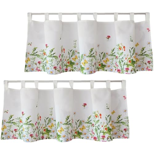 Scheiben-Gardinen 2er Set mit Schlaufen als blickdichter Vorhang in 120 x 45 cm - Landhaus-Stil Bistrogardinen bunte Frühling Blumen - Moderne Kurzstore Küchen-Gardinen Wohnzimmer Wohnwagen von matches21 HOME & HOBBY