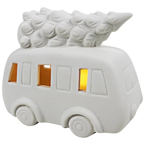 Süßer LED Porzellan-Bus mit Weihnachtsbaum für innen - Batteriebetriebene Weihnachtsdeko Wohnzimmer & Fensterbank in 11 x 9 cm - Modernes Stimmungslicht in Warmweiß als Weihnachtsdekoration in weiß von matches21 HOME & HOBBY