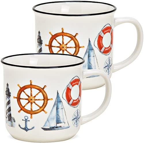 Tassen 2er Set in Emaille Anker und Leuchtturm Motiv - Schöne Porzellan Kaffeetassen in 330ml für Cappuccino Kaffee Tee - Außergewöhnliche Kaffeebecher spülmaschinenfest und mikrowellengeeignet von matches21 HOME & HOBBY