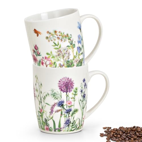 Tassen 2er Set mit Frühling Blumen Motiv - Schöne Porzellan Kaffeetassen in 300ml für Cappuccino Kaffee Tee - Außergewöhnliche Kaffeebecher spülmaschinenfest und mikrowellengeeignet als Geschenk von matches21 HOME & HOBBY