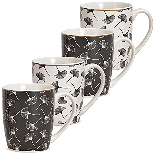 Tassen 4er Set in weiß schwarz mit Ginkgo Blatt - Moderne Porzellan Kaffeetassen in 300ml für Cappuccino Kaffee Tee - Außergewöhnliche Kaffeebecher spülmaschinenfest und mikrowellengeeignet von matches21 HOME & HOBBY