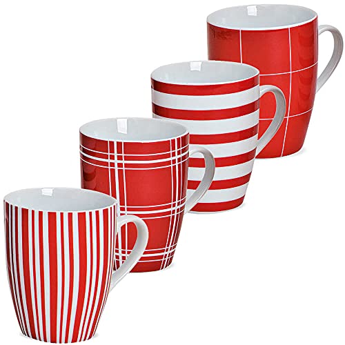 Tassen 4er Set mit rot weiß Muster - Schöne Porzellan Kaffeetassen in 250ml für Cappuccino Kaffee Tee - Außergewöhnliche Kaffeebecher spülmaschinenfest und mikrowellengeeignet als Geschenk von matches21 HOME & HOBBY